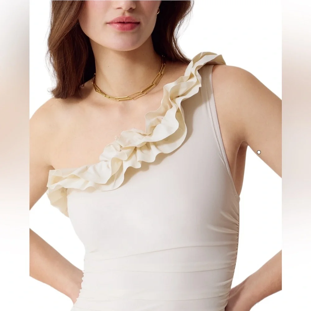 J. Crew NWT Matte Ruffle One Shoulder One Piece Swimsuit Size 22 Ivory Natural - Picture 3 of 12